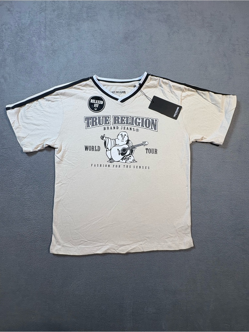 True Religion Men’s Cream Graphic V-Neck Tee with Black Trim